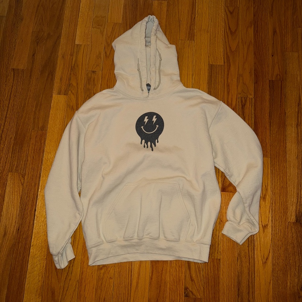 Gildan Cream Hoodie with Smiley Graphic